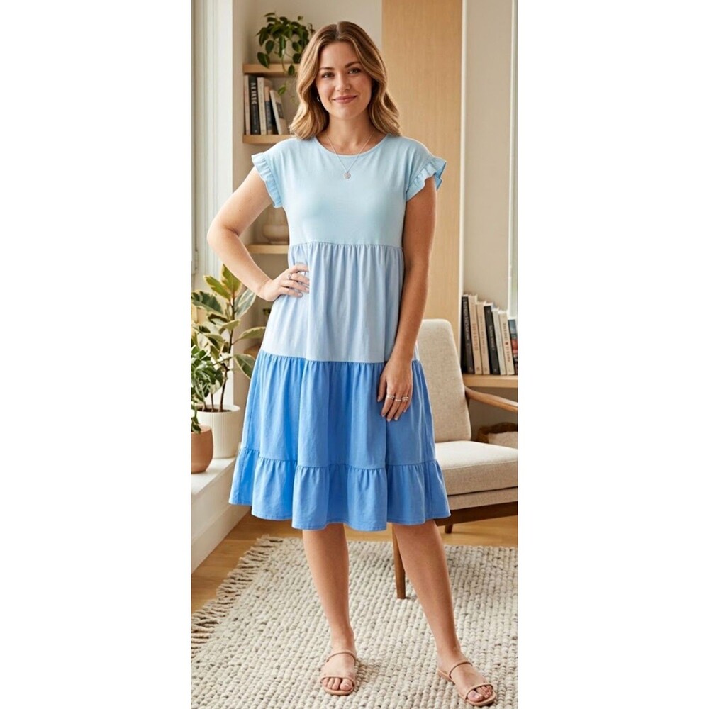 Simply Southern Colorblock Babydoll Dress Womens XL Blue Knit Ruffle Sleeve
